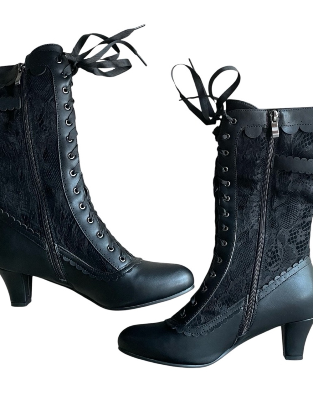 Black Lace Up Mid Heel Victorian Boots - Picture 5 of 7